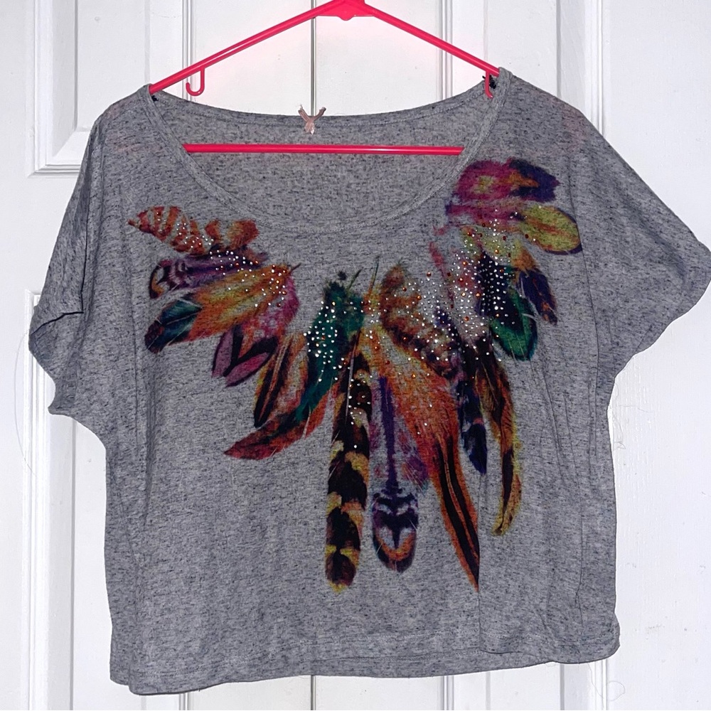 rhinestone feathered grey cropped shirt